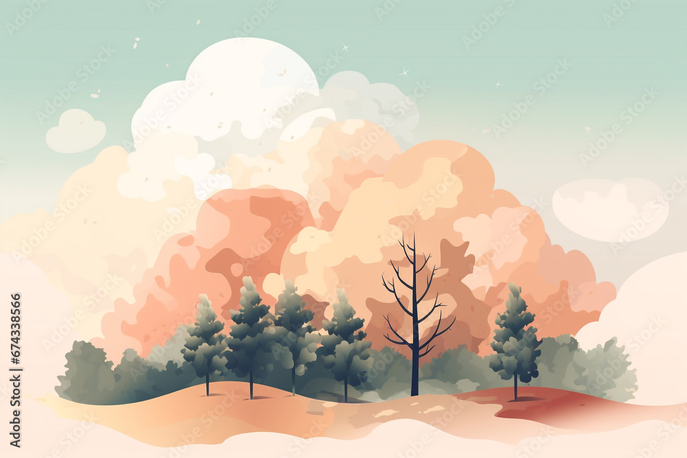 Nature and environment concept. Abstract colorful illustration of trees and clouds. Minimalist style background with copy space. Pastel colors