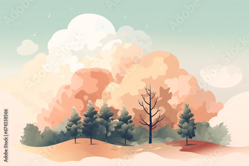 Nature and environment concept. Abstract colorful illustration of trees and clouds. Minimalist style background with copy space. Pastel colors