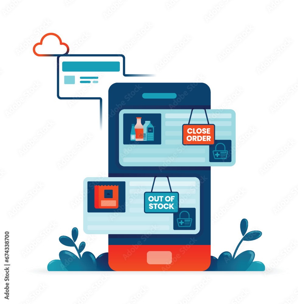 Illustration of mobile grocery and e commerce payment apps with sign of close order and out of stock. Can be used for posters, websites, brochures, banners Illustration of mobile grocery and e commerce payment apps with sign of close order and out of stock. Can be used for posters, websites, brochures, banners