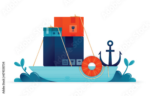 Illustration of delivery of online shopping packages by ship for overseas shipping, with packages on ropes and anchors. Can be used for posters, websites, brochures, banners