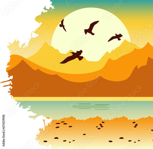 Sea, beach, mountain, seagulls on sun background. Landscape