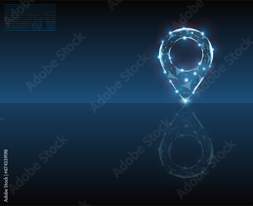 Vector illustration of a label for a map, made up of a technological grid and dots with mirror reflection .Navigator pin checking map. Map location, vector icon on dark blue background.