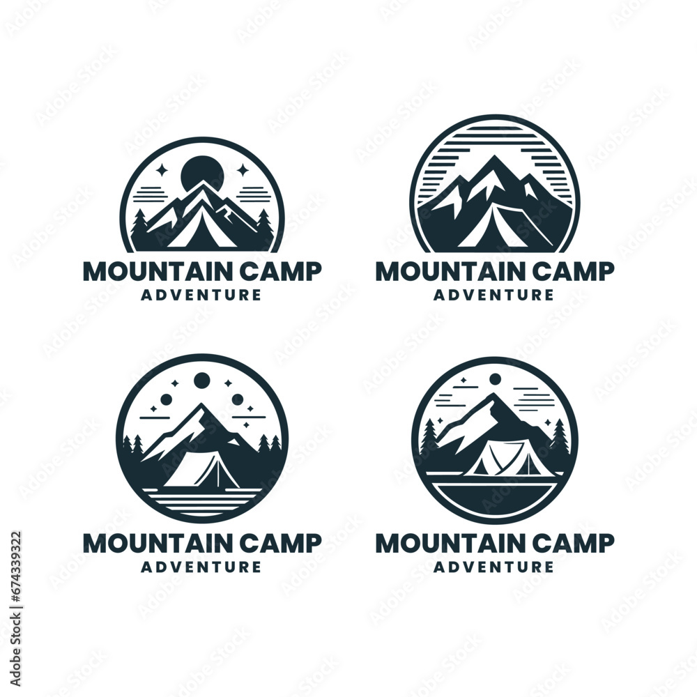 Vector summer mountain camping tent logo design set Vector summer mountain camping tent logo design set