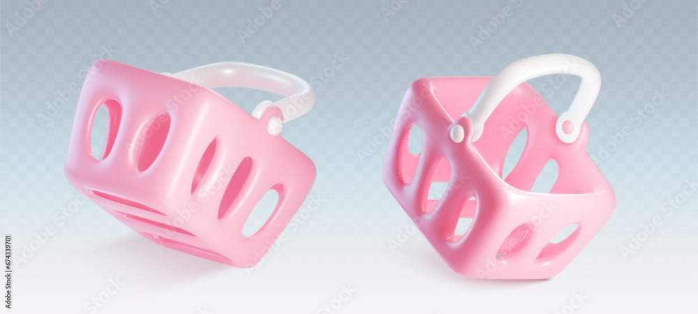 Pink 3d render supermarket grocery basket vector. Empty realistic store cart to buy food for consumer isolated icon. Shopper bucket symbol. Purchase plastic bag container for retail commerce shop