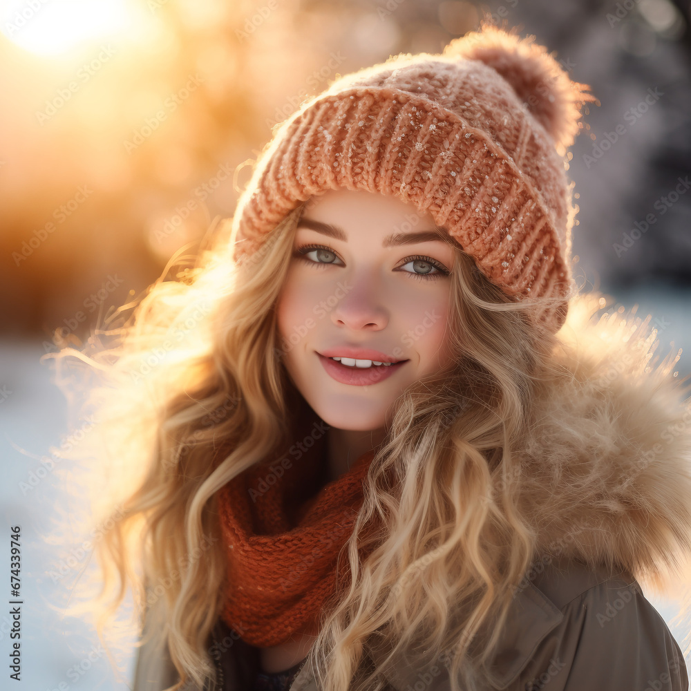 portrait of a beautiful girl in a winter knitted wool hat smile sun portrait of a beautiful girl in a winter knitted wool hat smile sun