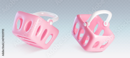 Pink 3d render supermarket grocery basket vector. Empty realistic store cart to buy food for consumer isolated icon. Shopper bucket symbol. Purchase plastic bag container for retail commerce shop