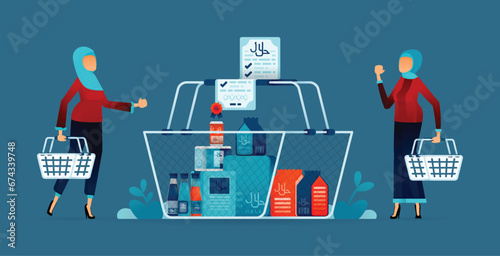 Illustration of Muslim moms shopping for grocery products labeled and certified halal. Halal labels and signs in Arabic. Can be used for posters, banners, websites