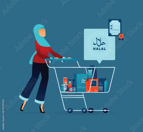 illustration of Muslim moms or women wearing hijab pushing shopping trolley containing groceries with halal labels. Halal approved and certified with Arabic. Can be used for posters, banners, websites