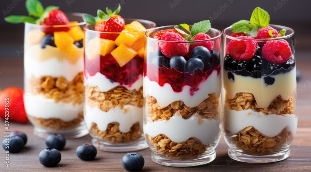 Dessert in a glasses with berries. Healthy organic breakfast or snack concept. Generative AI Dessert in a glasses with berries. Healthy organic breakfast or snack concept. Generative AI