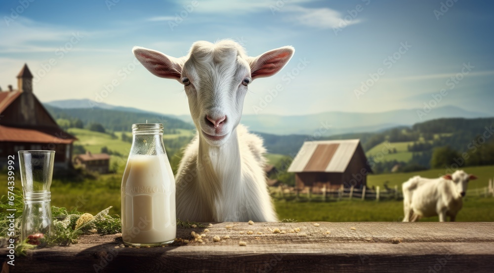 Obraz premium Glass of natural fresh milk on table with goat and green field farm landscape view. Generative AI