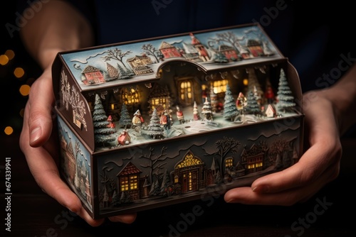 Christmas gift paper house in the hands of a man indoor. Generative AI