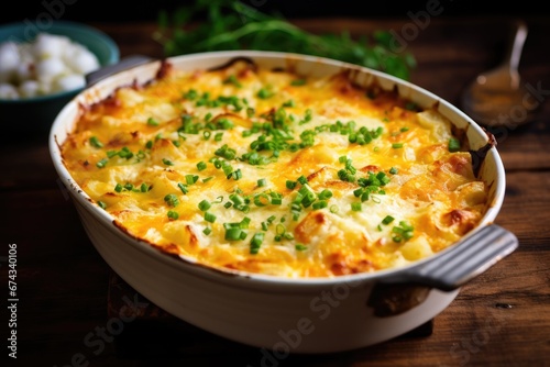 Baked pasta with cheese and eggs. Generative AI