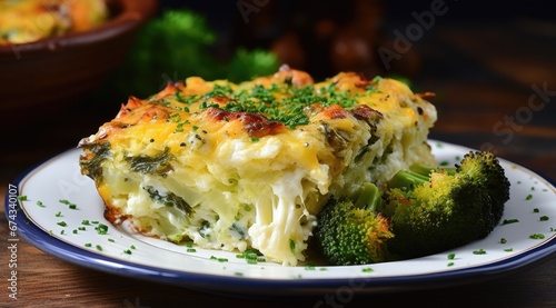 Baked broccoli with eggs and cheese, vegetarian food. Generative AI