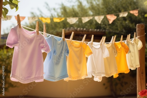 After being washed children colorful clothes dried outdoor. Generative AI