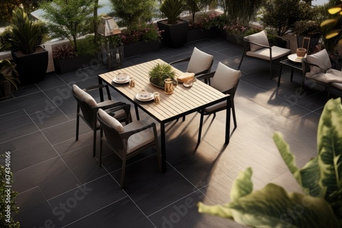 Outdoor terrace with comfortable seating. Generative AI