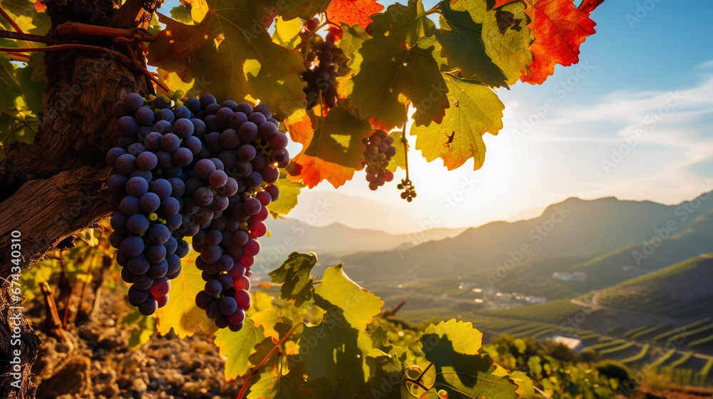 A large bunch of ripe blue grapes on the vine, with blurred mountains on background. Generative AI