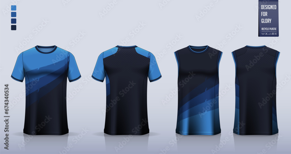 Blue T-shirt sport, Soccer jersey, football kit, basketball uniform, tank top, and running singlet mockup. Fabric pattern design. 