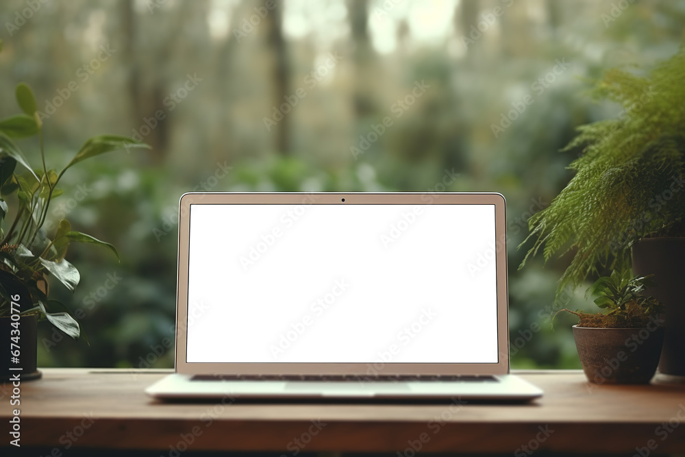 Laptop mockup on a table in garden, white blank screen with space for advertising