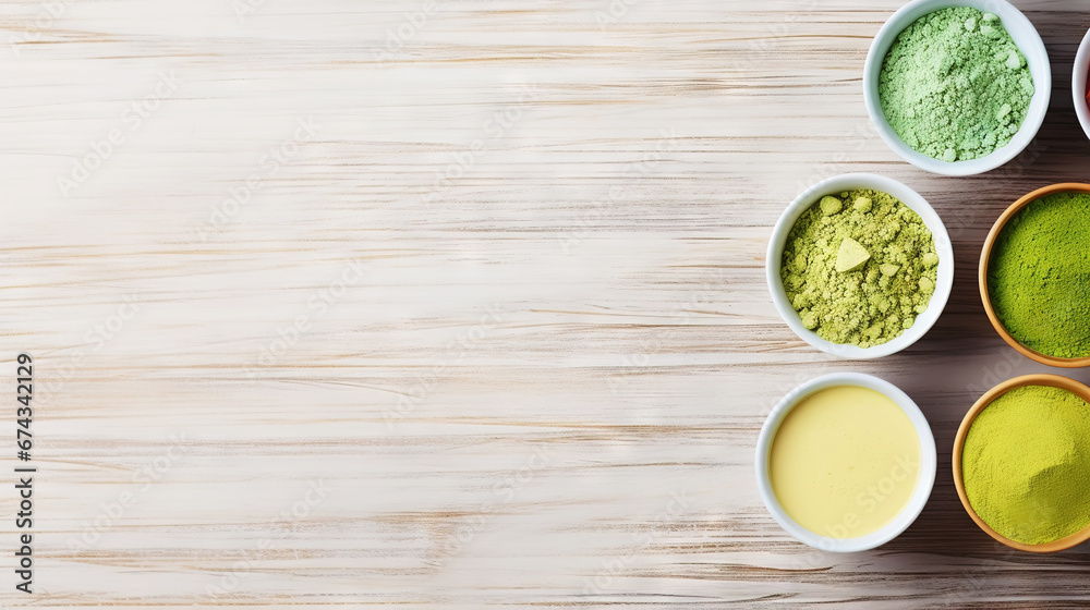 Matcha tea powder in a wooden plate on light wooden background with whisk, top view, copy space. Generative AI Matcha tea powder in a wooden plate on light wooden background with whisk, top view, copy space. Generative AI