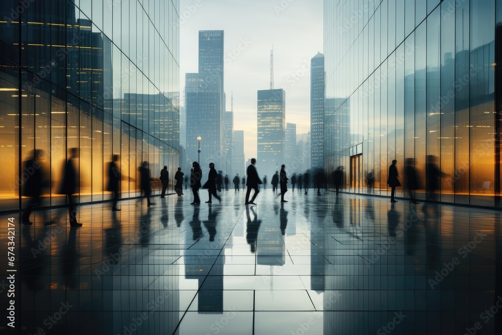 An abstract background image for creative content featuring business people walking across the scene, illustrating a dynamic and corporate atmosphere. Photorealistic illustration