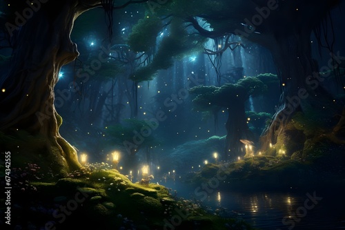 A magical forest illuminated by fireflies at twilight. 