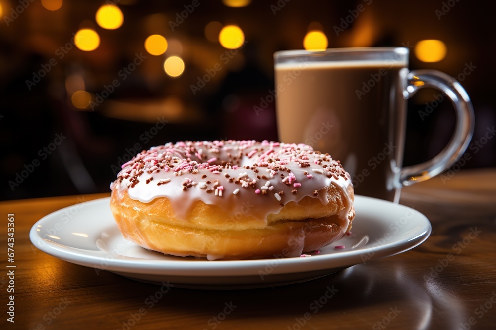 Donuts and a cup of coffee on a wooden table in a cafe
