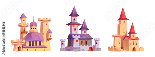 Fairytale medieval royal castle with flags on towers, windows and gates. Cartoon vector illustration set of ancient palaces or fortresses architecture with stone walls for kings, queens and princess.