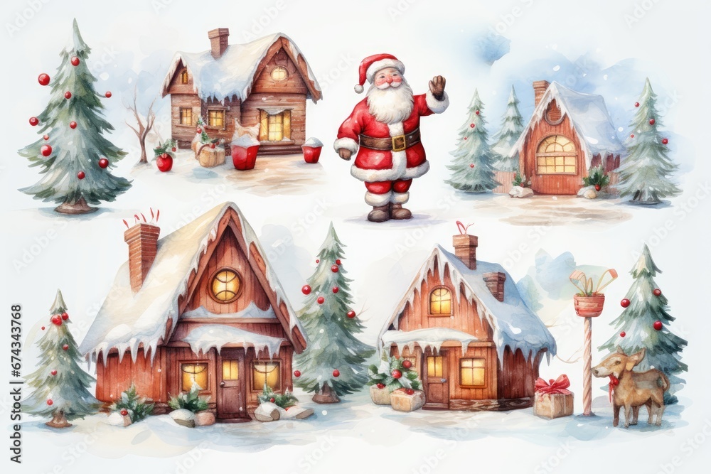 Fototapeta premium Colored water Santa Claus Christmas tree gift - reindeer Candy cane stockings, snowflakes, gingerbread cookies, mistletoe, Christmas lights, wreaths, snowman by Generative AI