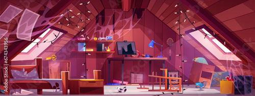 Cartoon messy and abandoned teenage boy bedroom in attic of house with damaged furniture and accessories for active sports. Vector dirty junk room with crashed bed and chair, garbage and cobweb.