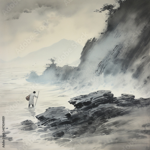 Chinese Ink Wash Painting Man Holding