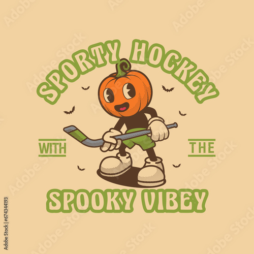 Pumpkin Hockey Mascot Retro and Vintage