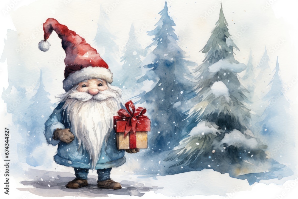 Adorable watercolor gnomes gather around the Christmas tree, exchanging gift in the cool Arctic atmosphere. Full color, textured knitted illustrations, suitable for nursery art by Generative AI