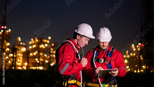 Engineer survey team wear uniform and helmet stand workplace checking blueprint project and radio communication inspection work construction site with night lights oil refinery background.