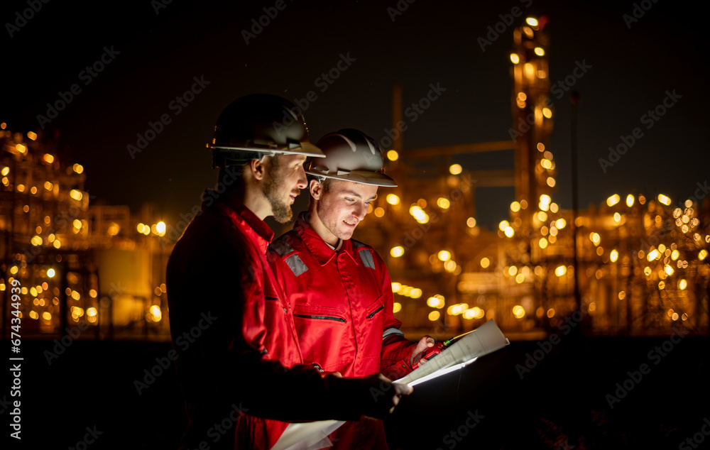 Engineer survey team wear uniform and helmet stand workplace checking blueprint project and radio communication inspection work construction site  with night lights oil refinery background.