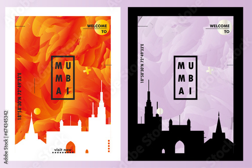 India Mumbai city poster pack with abstract skyline, cityscape, landmark and attraction. Maharashtra travel vector illustration layout set for vertical brochure, website, flyer, presentation photo