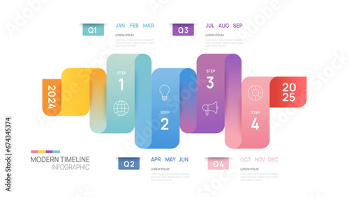 Business step timeline infographic arrow template. Modern milestone element timeline diagram calendar and 4 quarter topics, vector infographics.