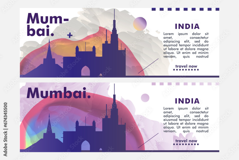 India Mumbai city banner pack with abstract shapes of skyline, cityscape, landmark. Maharashtra vector horizontal illustration layout set for brochure, website, page, presentation, header, footer