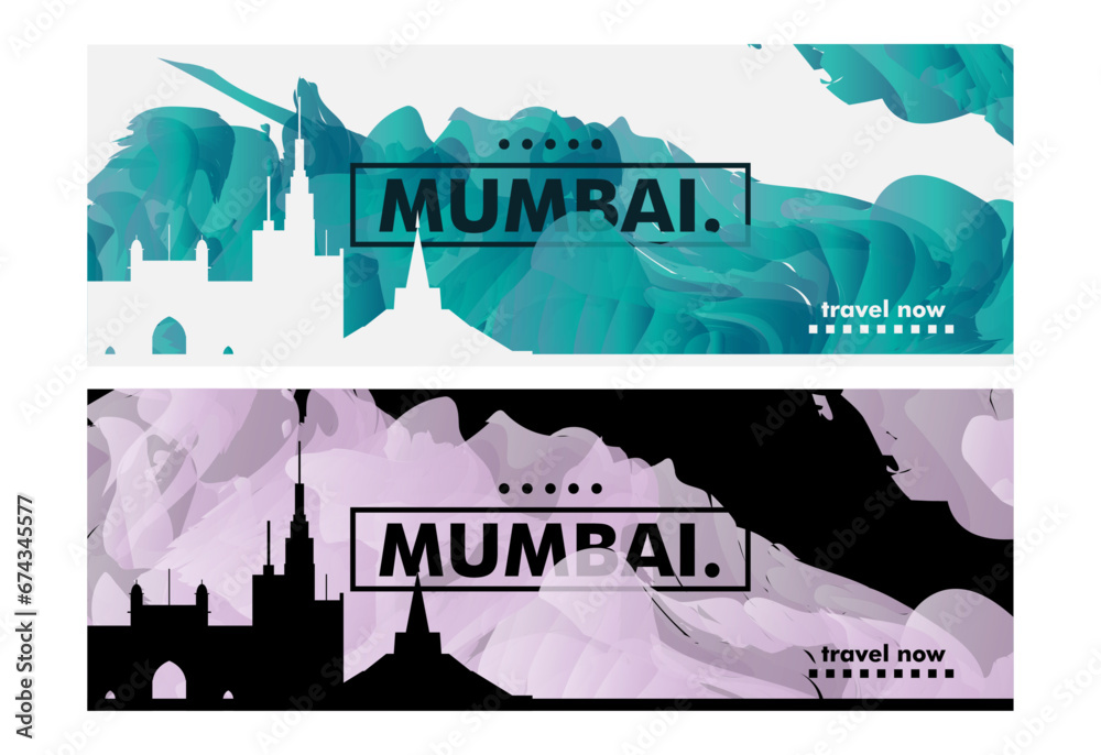 India Mumbai city banner pack with abstract shapes of skyline, cityscape, landmark. Maharashtra vector horizontal illustration layout set for brochure, website, page, presentation, header, footer India Mumbai city banner pack with abstract shapes of skyline, cityscape, landmark. Maharashtra vector horizontal illustration layout set for brochure, website, page, presentation, header, footer