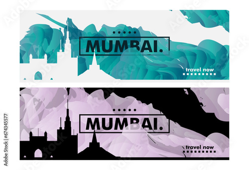 India Mumbai city banner pack with abstract shapes of skyline, cityscape, landmark. Maharashtra vector horizontal illustration layout set for brochure, website, page, presentation, header, footer