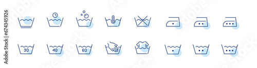 Laundry label tags set. Washing and ironing temperature, hand and no wash. Pixel perfect, editable stroke icons