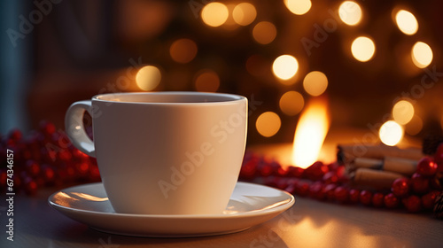 A cup with hot tea on the background of a blurry decorated Christmas tree