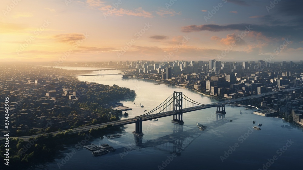 Cityscape Connection: Aerial View of Bridge Spanning Across River and Urban Landscape