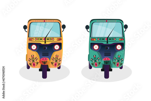Set of yellow and Green auto-rickshaw illustrations in India. with rickshaw paint on it. front view, side view of tuk-tuk.