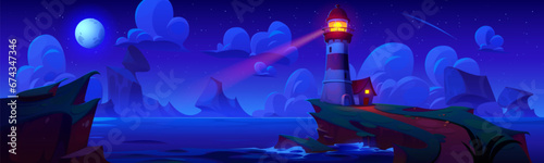 Lighthouse on island cliff at night vector landscape illustration. Harbor background scene with ocean water cartoon design. Dark peaceful and calm seascape with navigation signal from beacon concept