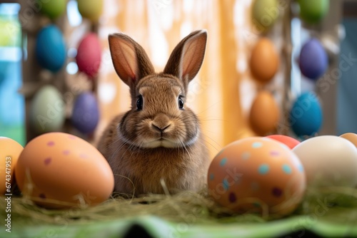Rabbit and easter eggs on easter background. Happy Easter.