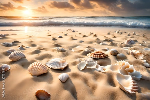 Peaceful sandy beach with gentle waves lapping close to the shore and strewn shells