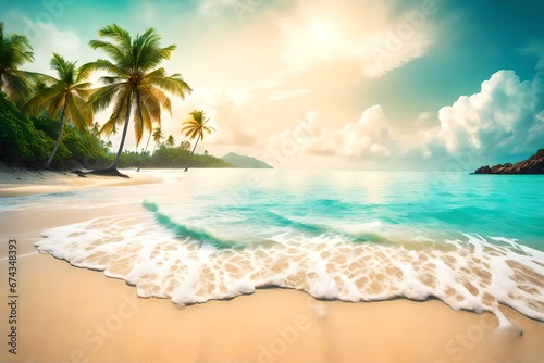 Picturesque tropical sand beach scene, beach background concept for trip vacation relaxation, with hazy green palm trees in front and blue water © Stone Shoaib