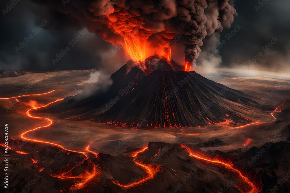 Volcano with a volcanic crater spewing lava and smoke filling the sky