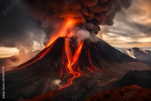 Volcano with lava gushing out of a volcanic crater and smoke rising in the sky