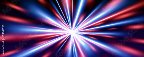 Blue red speed light motion effect abstract background. Fast neon race track with blur. Futuristic dynamic speedway movement pattern. Long exposure streak beam design. Turbo data move flash ray